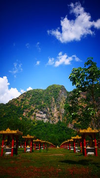 Lumbini Garden and Mount Zwekabin on a sunny day, Hpa An, Myanmar, Asia