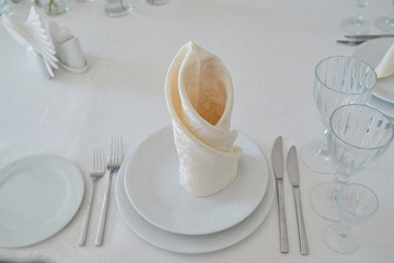 Table setting with white plates, napkins, wineglasses, cutlery and flowers on table, copy space. Place setting at wedding reception. Table served for wedding banquet in restaurant