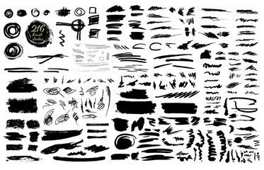 Collection of ink brush strokes and lines. Big set of black paint grunge design elements. Vector illustration