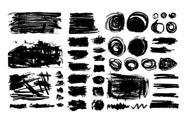 Collection of ink brush strokes. Set of black paint grunge design elements. Vector illustration