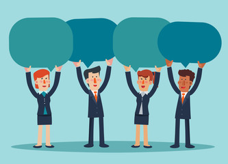 Successful and smiling businessman and business woman with colorful dialog speech bubbles. Vector illustration of business characters. Communication, teamwork and connection concept