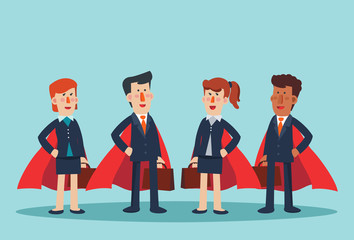 Super Business man and business woman. Cartoon superhero standing with cape waving in the wind. Successful hero businessman and businesswoman Success, leadership and victory in business vector concept