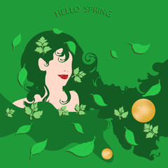 Spring still life - female face, long hair, leaves - green background - illustration - vector. Beauty saloon. Hi spring.