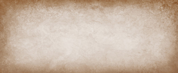 Old brown paper parchment background design with distressed vintage stains and ink spatter and white faded shabby center, elegant antique beige color