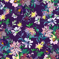 Fototapeta na wymiar Beautiful garden and wild flowers bouquet. Fresh watercolor painting. Summer floral seamless pattern made of abstract watery meadow flowers. Summer garden mixture and floral bloom.