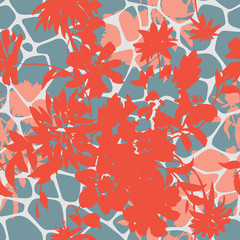 Silhouettes of garden plants and wild flowers bouquets mixed with irregular abstract rounded pentagonal grid foam form. Grid mesh web structures. Seamlesss pattern. Summer florals shadows ornament.