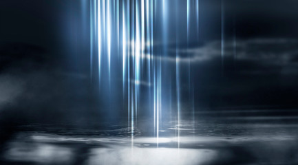 Empty street scene background with abstract spotlights light. Night view of street light reflected on water. Rays through the fog. Smoke, fog, wet asphalt with reflection of lights. 