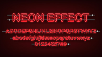 Red light neon effect, English alphabet and number sign, vector illustration
