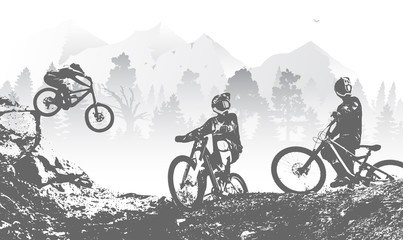Naklejka na ściany i meble Downhill mountai biking freeride and enduro illustration. Bicycle background with silhouette of downhill riders in mountain.