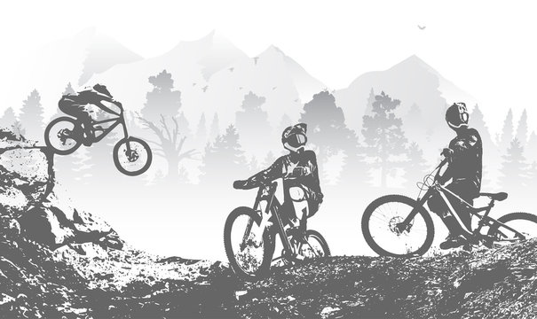 Downhill mountai biking freeride and enduro illustration. Bicycle background with silhouette of downhill riders in mountain.