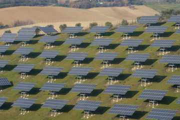 Fototapeta premium Photovoltaic solar pannels view, Marche region, Italy