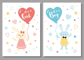 Its a boy its a girl Baby shower greeting card Baby announcement Cute kids design element rabbit balloon