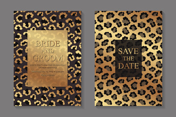 Wedding invitation design or greeting card templates with golden and black leopard spots. © Anna R