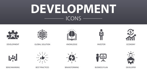 Development simple concept icons set. Contains such icons as global solution, knowledge, investor, Brainstorming and more, can be used for web, logo, UI/UX