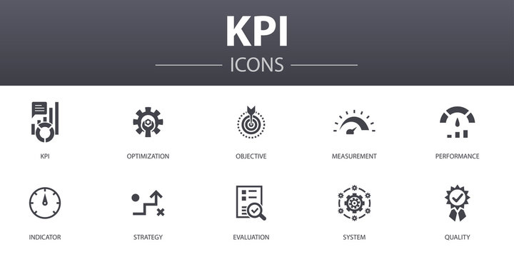 KPI Simple Concept Icons Set. Contains Such Icons As Optimization, Objective, Measurement, Indicator And More, Can Be Used For Web, Logo, UI/UX