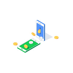 Isometric mobile money transfer vector illustration. Flying golden and silver coins between phones