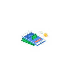 Isometric online commerce digital application. Vector illustration of banknotes, golden and silver coins with phone, interface and button