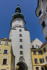Michalska Brana (Michael's Gate) - essential symbol of Bratislava. Built about year 1300, Michalska Brana is only city gate that has been preserved of medieval fortifications. Bratislava, Slovakia.