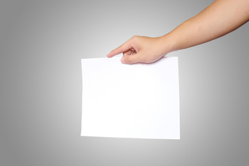 Asian men hands holding the white blank paper isolated on grey white background.