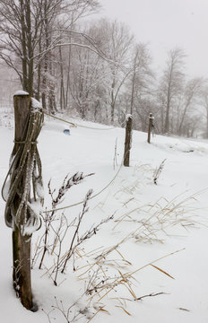 Zaunpfl&ouml;cke in der Reihe im Winter mit einem Seil
