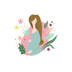 Illustration of beautiful pregnant woman with floral background