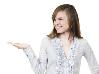 young woman pointing at copyspace