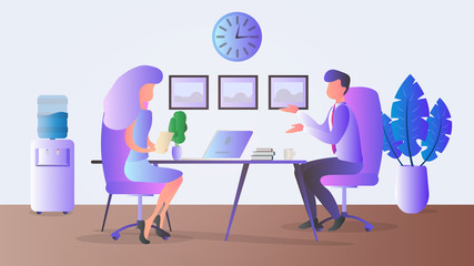 Job interview vector illustration. Girl communicates with a man at the table. Office, HR, Human resources, headhunter, headhunting.