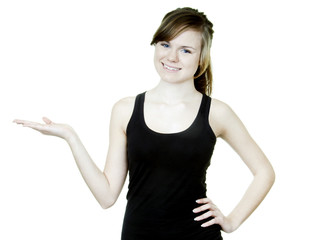 young woman in black top with hand out