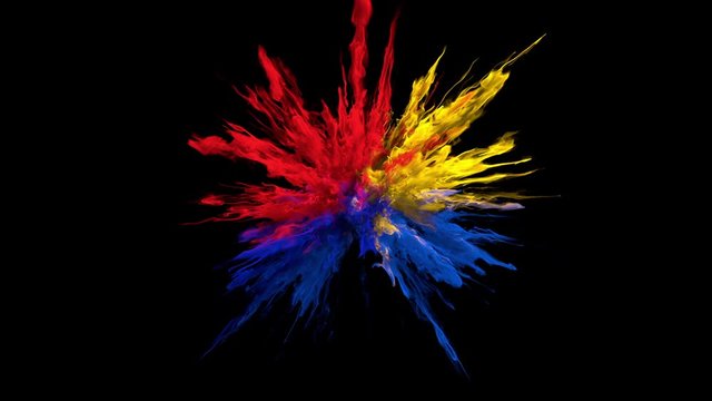 Color Burst - red blue yellow colorful smoke powder explosion or fluid ink particles in slow motion. Alpha matte isolated on black 60 fps. 4k ProRes422