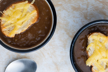 French onion soup with cheese topped croutes