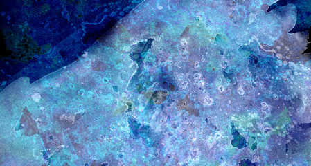 Dark glowing blue neon watercolor on black paper illustration. Lightning night sky and thunder background. Modern aquarelle painted ink canvas, cosmic card template for design