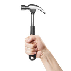 Hand holding a hammer, isolated on white background