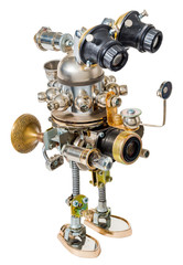 Steampunk robot. Cyberpunk style. Chrome and bronze parts.