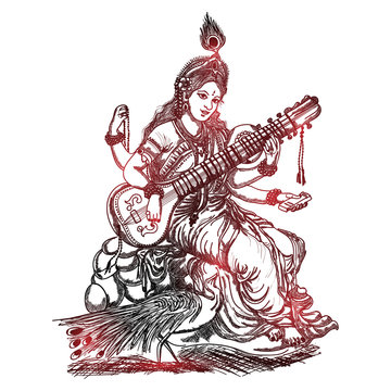 red shine sketched illustration of Goddess of knowledge, music, Wisdom Maa  Saraswati on the festival of india vasant panchami. Stock Vector | Adobe  Stock