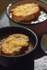 French onion soup with cheese topped croutes