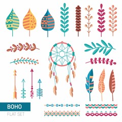 Boho ethnic flat set with leaves, plants and dreamcatcher. Simple and flat hipster style. Colorful vintage collection.