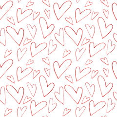 Seamless pattern, red hearts, watercolor, romantic design.
