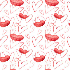 Seamless pattern, red hearts and kisses, watercolor, romantic design.