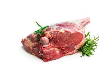 Fresh raw lamb leg with rosemary leaves isolated on white
