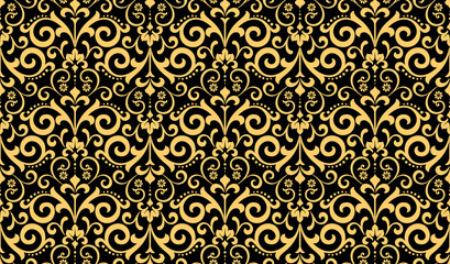 Wallpaper in the style of Baroque. Seamless vector background. Gold and black floral ornament. Graphic pattern for fabric, wallpaper, packaging. Ornate Damask flower ornament