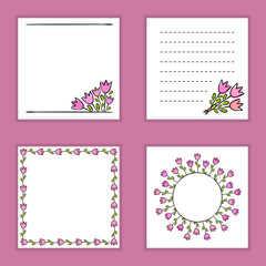 Set of square cards with hand-drawn pink tulips. Templates for wedding invitations, cards, seating cards, letterheads.