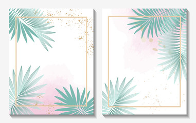 Beautiful background with leaves palm. Wedding invitation. Watercolor.  Vector illustration. EPS 10
