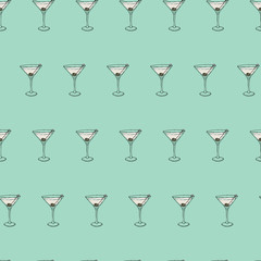Martini dry Cocktail seamless pattern. Hand drawing sketch outlines on mint background can be printed on textile, wallpaper, wrapping paper, greeting cards, used in logo, banner, landing page. Vector