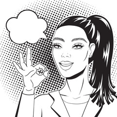 Businesswoman showing OK sign black and white line art in pop art retro comic style, vector illustration