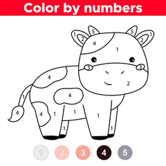 Coloring book for preschool children. Cartoon kawaii character - cow. Farm animals. Number coloring page. Educational game.