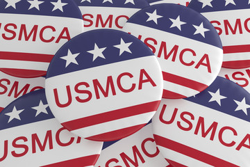 United States-Mexico-Canada Agreement Badges: Pile of USMCA Buttons With US Flag, 3d illustration