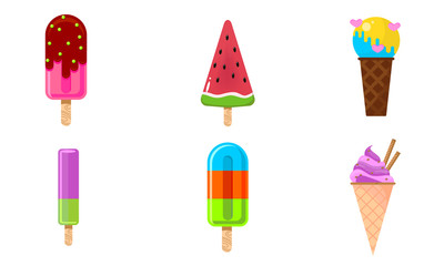Summer ice creams and popsicles of different shapes vector illustration