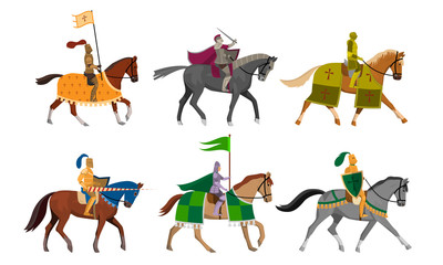 Knights with flags, shields and swords on horseback vector illustration