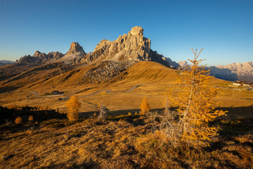 Autumn in Dolomites in Italy, Alpe di Siusi, Tre Cime.