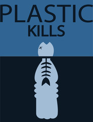 Flat simple vector illustration of dead fish spine stuck in plastic bottle in water and words ‘plastic kills’ above. Social problem topic. Stop ocean pollution and recycle.